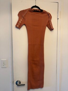 Alexander Wang Rust Ribbed Maxi Dress with Snap-Shoulder Detail